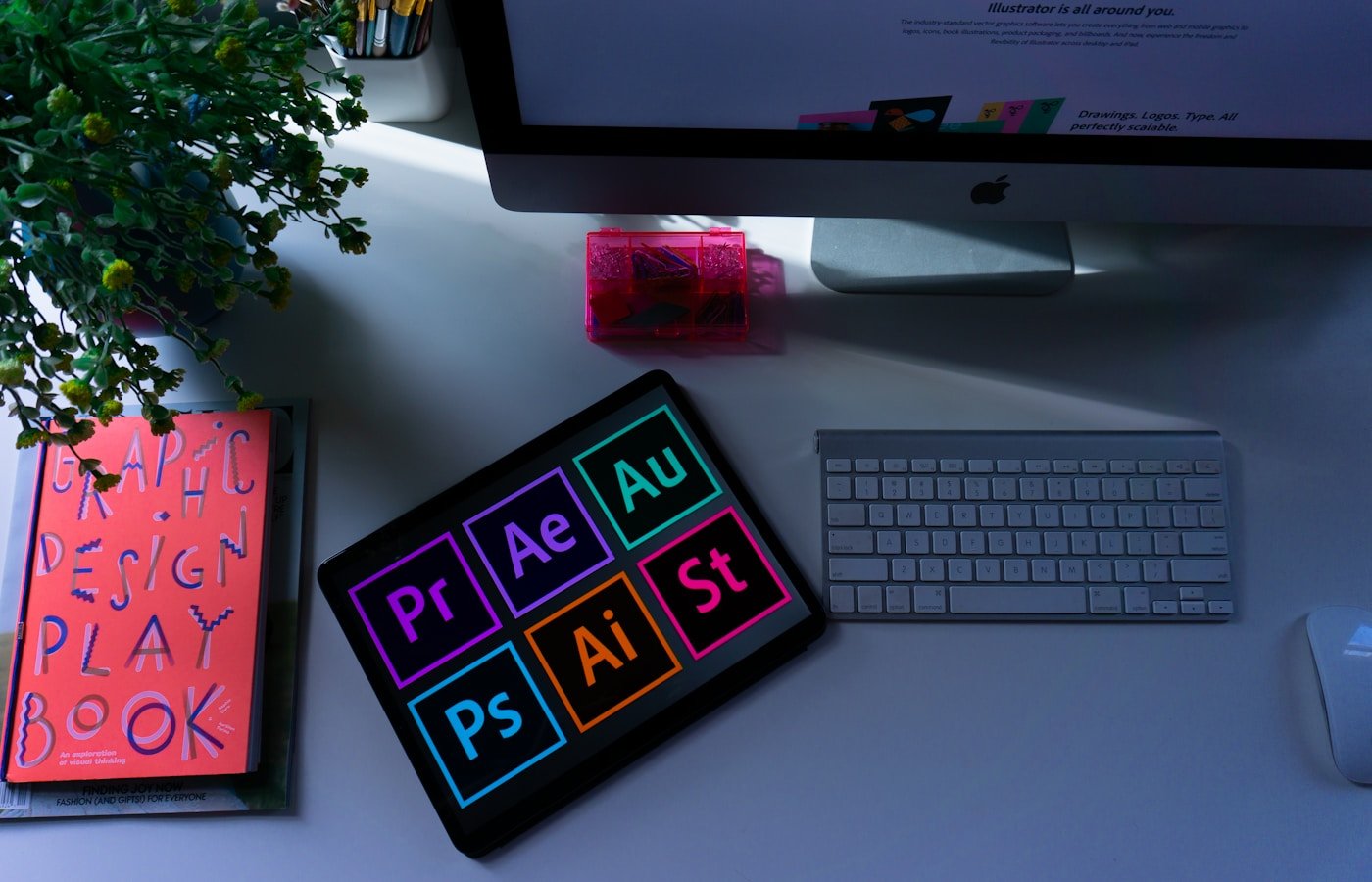 Graphic design workspace with creative tools